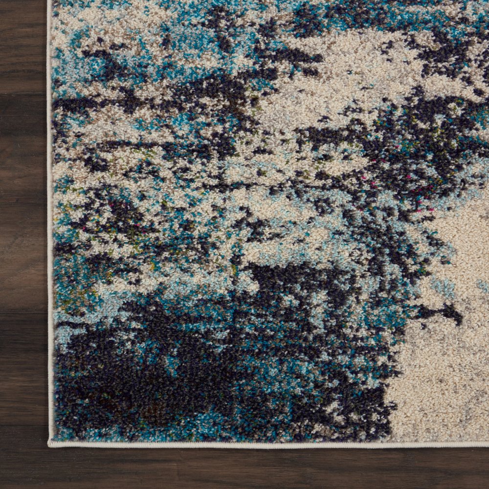 2' X 8' Ivory And Teal Blue Abstract Power Loom Non Skid Runner Rug