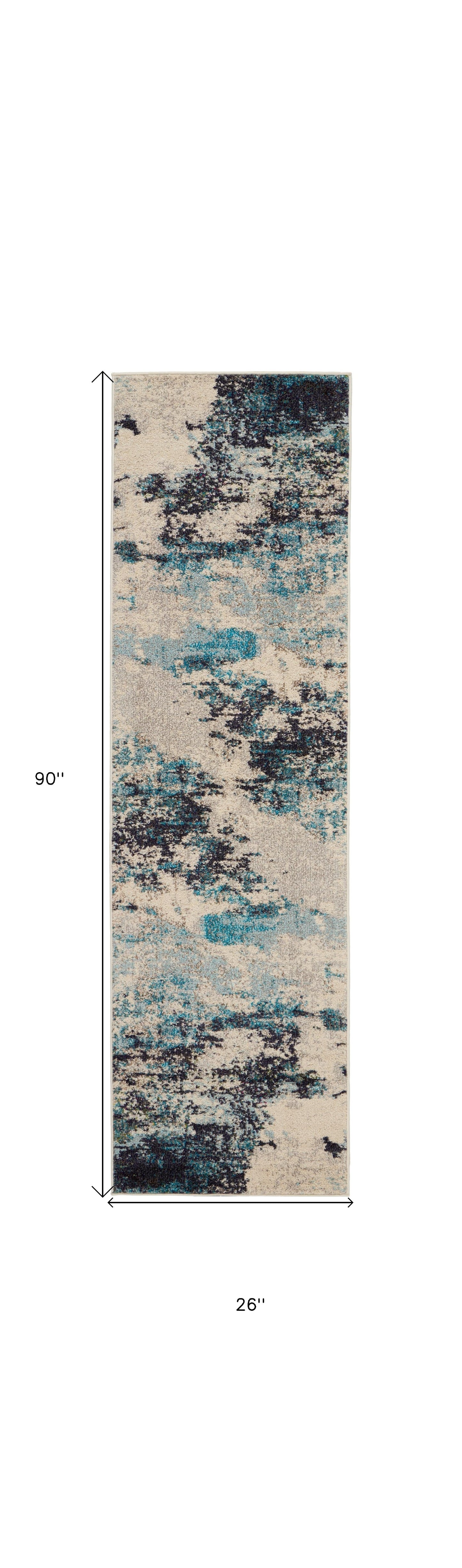 2' X 8' Ivory And Teal Blue Abstract Power Loom Non Skid Runner Rug