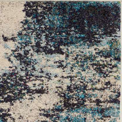 2' X 8' Ivory And Teal Blue Abstract Power Loom Non Skid Runner Rug