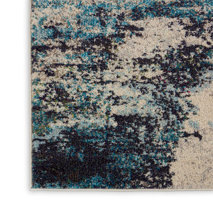 2' X 8' Ivory And Teal Blue Abstract Power Loom Non Skid Runner Rug