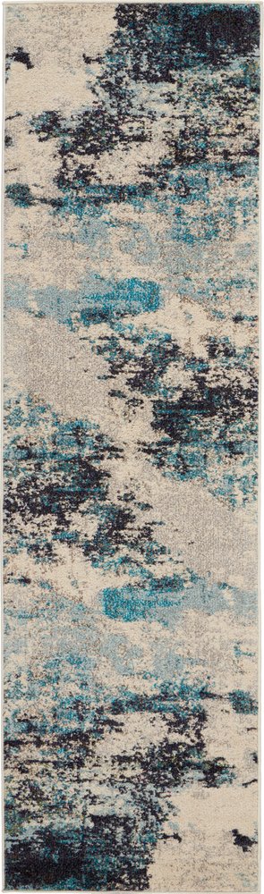 2' X 8' Ivory And Teal Blue Abstract Power Loom Non Skid Runner Rug