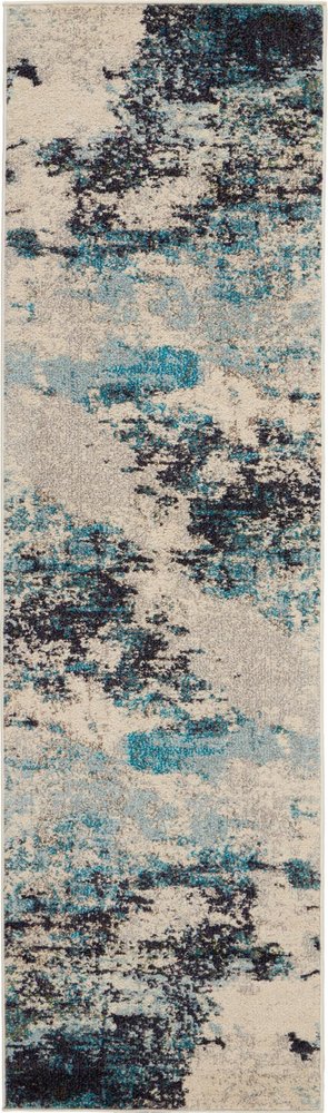 2' X 8' Ivory And Teal Blue Abstract Power Loom Non Skid Runner Rug