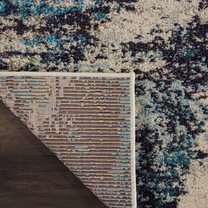 2' X 8' Ivory And Teal Blue Abstract Power Loom Non Skid Runner Rug