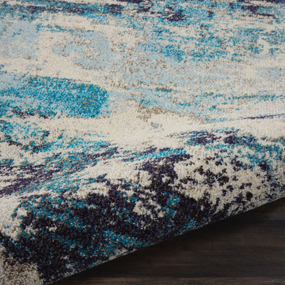 3' X 5' Ivory And Teal Blue Abstract Power Loom Non Skid Area Rug