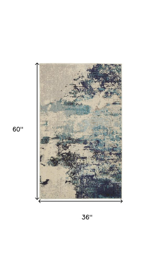 3' X 5' Ivory And Teal Blue Abstract Power Loom Non Skid Area Rug