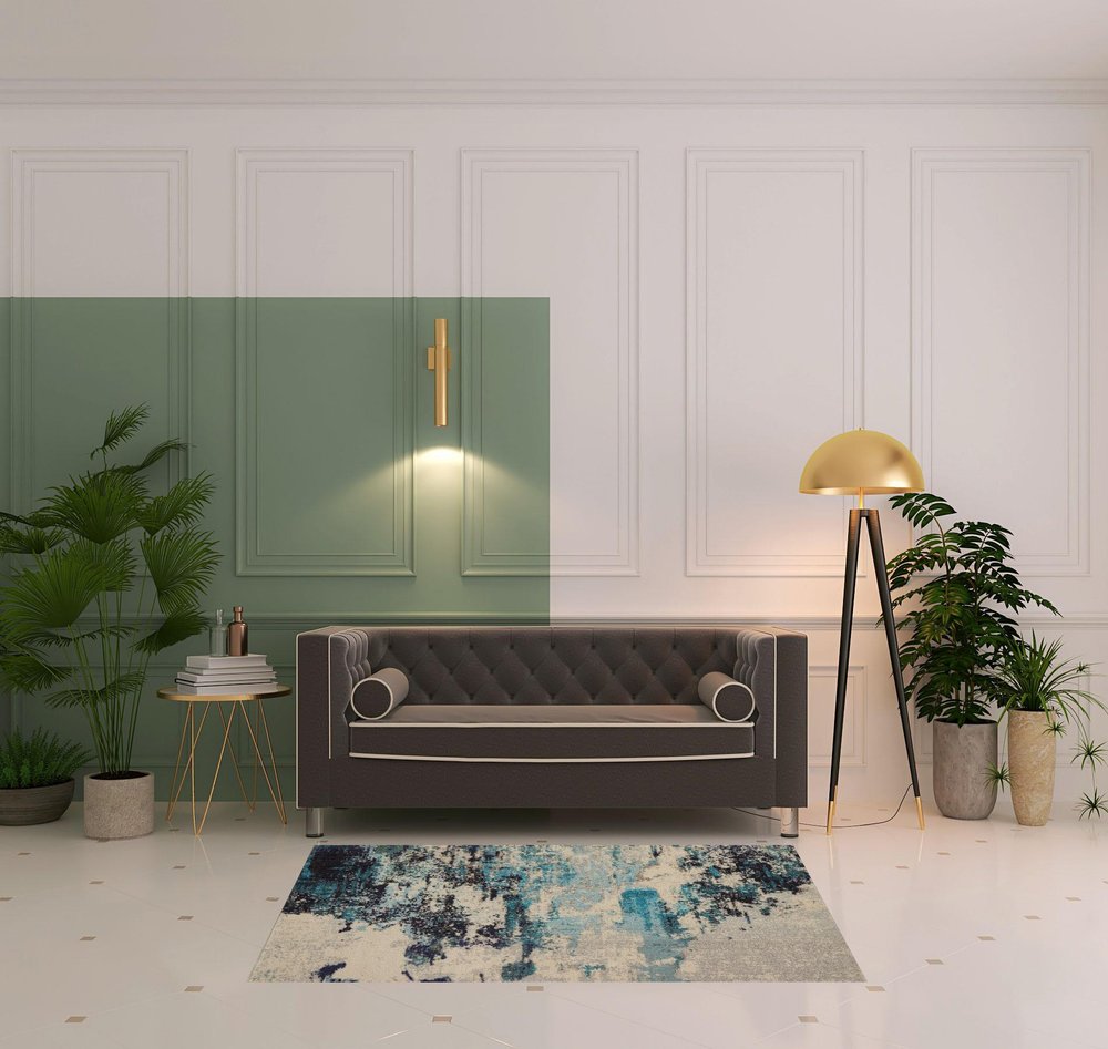 4' X 6' Ivory And Teal Blue Abstract Power Loom Non Skid Area Rug