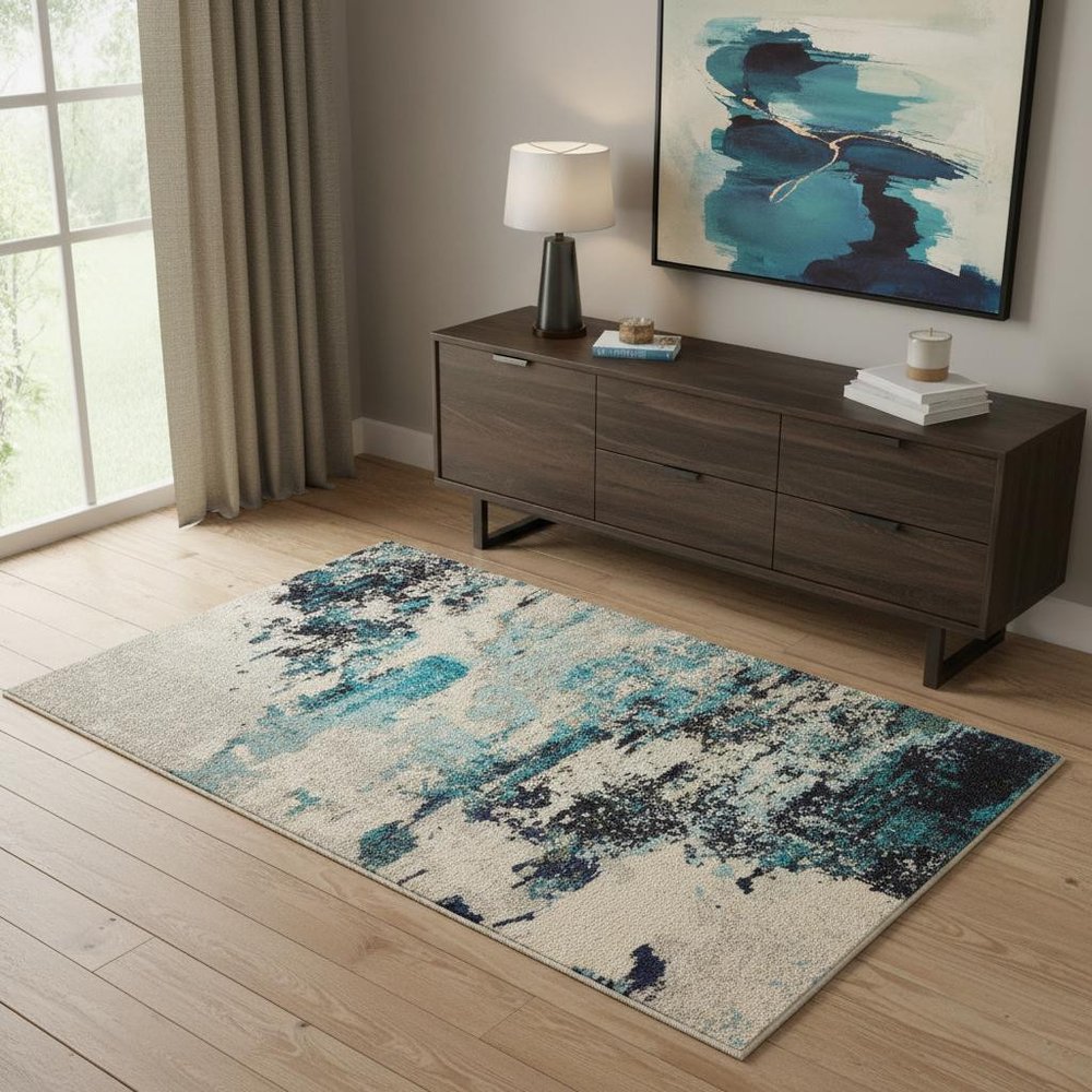 4' X 6' Ivory And Teal Blue Abstract Power Loom Non Skid Area Rug