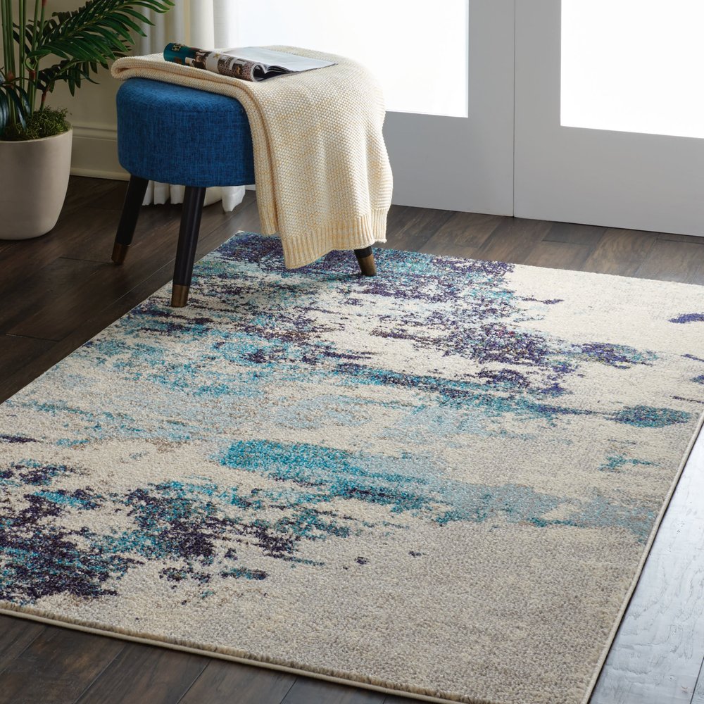 4' X 6' Ivory And Teal Blue Abstract Power Loom Non Skid Area Rug