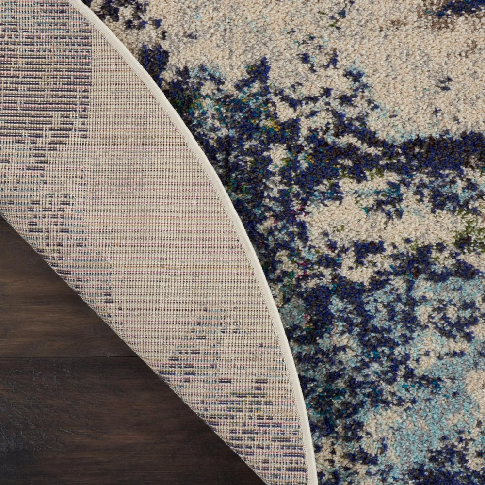 4' X 4' Ivory And Teal Blue Round Abstract Power Loom Non Skid Area Rug
