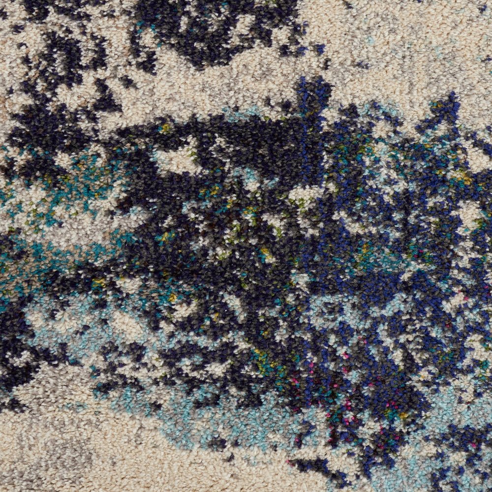 4' X 4' Ivory And Teal Blue Round Abstract Power Loom Non Skid Area Rug