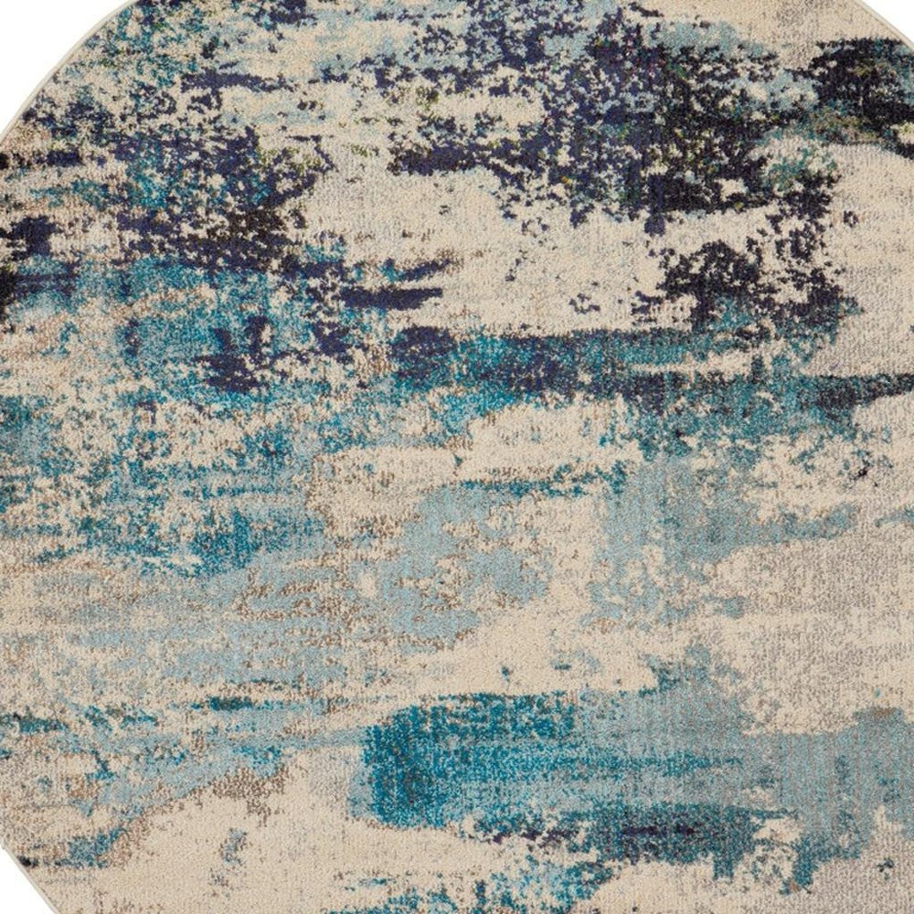4' X 4' Ivory And Teal Blue Round Abstract Power Loom Non Skid Area Rug