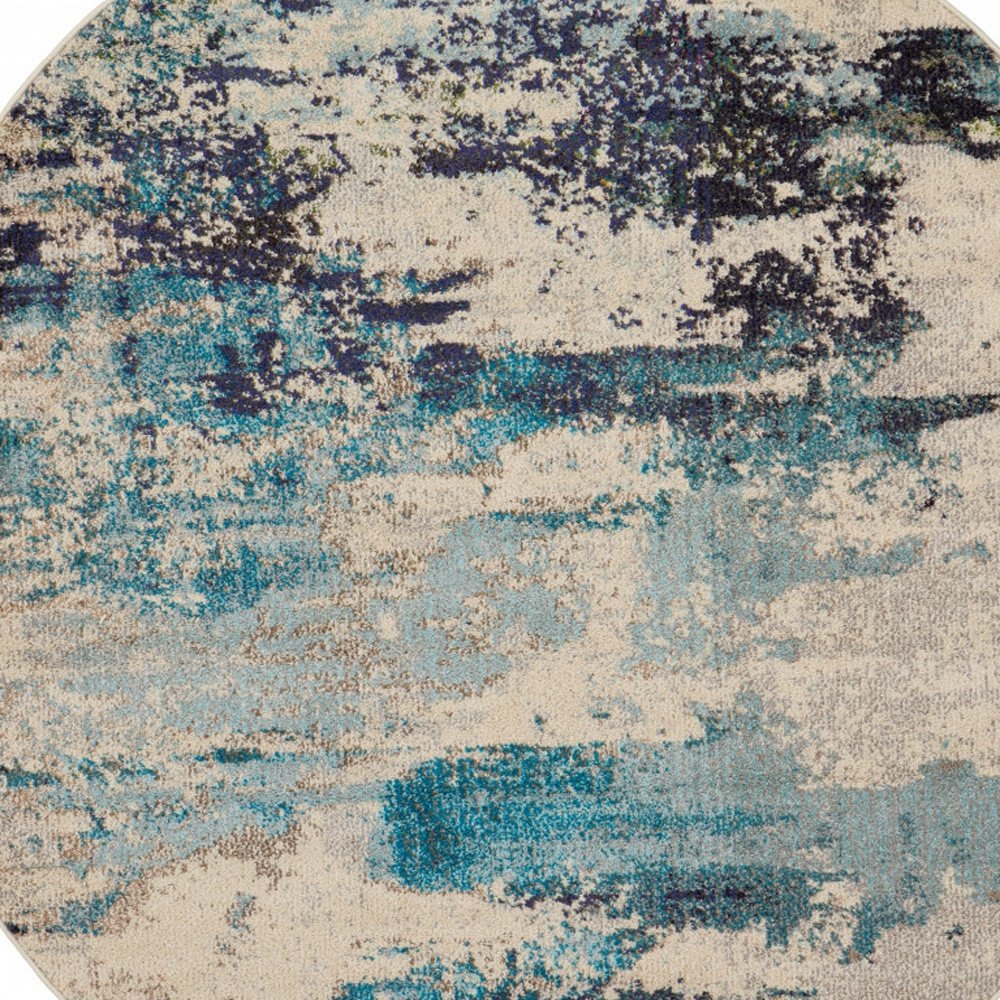4' X 4' Ivory And Teal Blue Round Abstract Power Loom Non Skid Area Rug