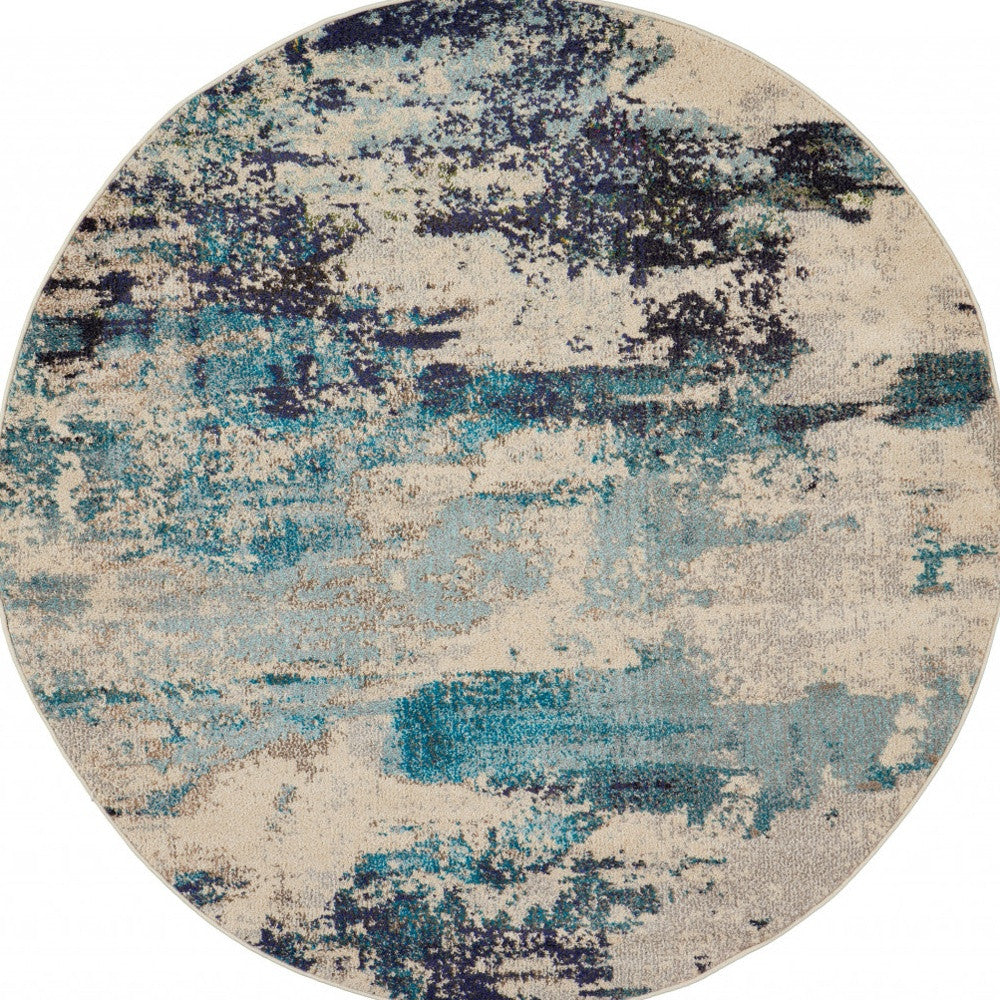 4' X 4' Ivory And Teal Blue Round Abstract Power Loom Non Skid Area Rug