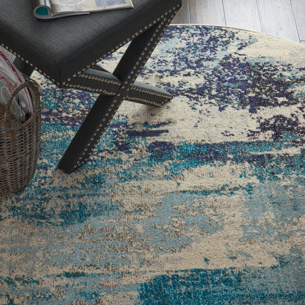 4' X 4' Ivory And Teal Blue Round Abstract Power Loom Non Skid Area Rug