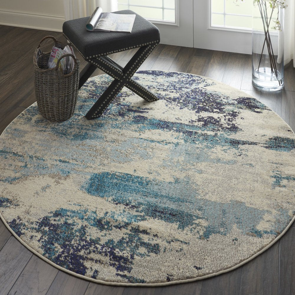 4' X 4' Ivory And Teal Blue Round Abstract Power Loom Non Skid Area Rug