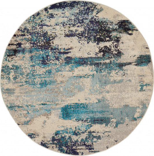 5' X 5' Ivory And Teal Blue Round Abstract Power Loom Non Skid Area Rug