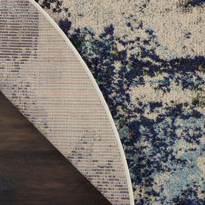 5' X 5' Ivory And Teal Blue Round Abstract Power Loom Non Skid Area Rug