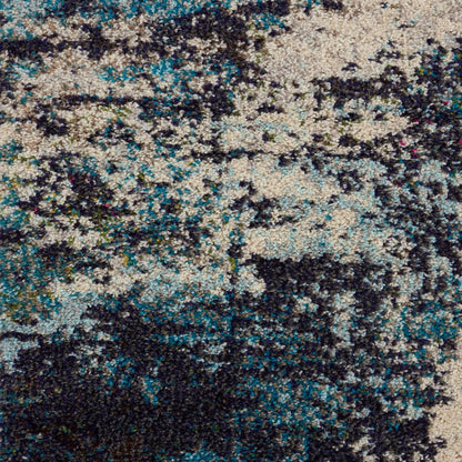 5' X 5' Ivory And Teal Blue Round Abstract Power Loom Non Skid Area Rug