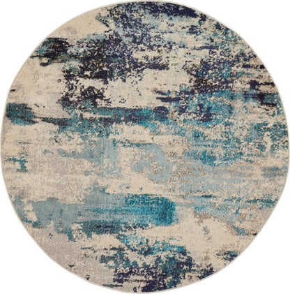 5' X 5' Ivory And Teal Blue Round Abstract Power Loom Non Skid Area Rug