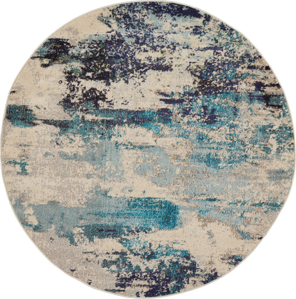 5' X 5' Ivory And Teal Blue Round Abstract Power Loom Non Skid Area Rug