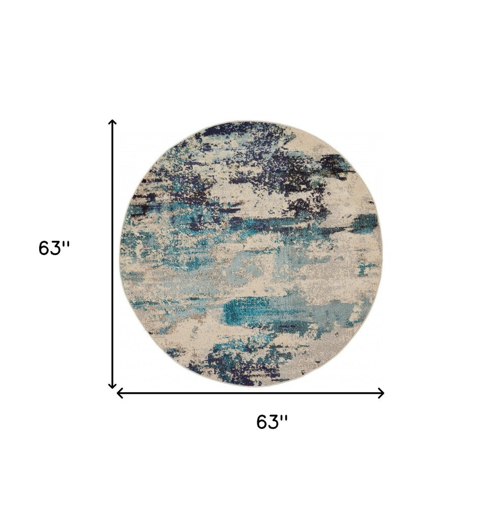 5' X 5' Ivory And Teal Blue Round Abstract Power Loom Non Skid Area Rug