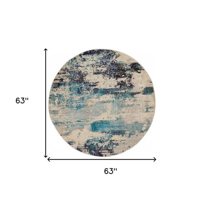 5' X 5' Ivory And Teal Blue Round Abstract Power Loom Non Skid Area Rug