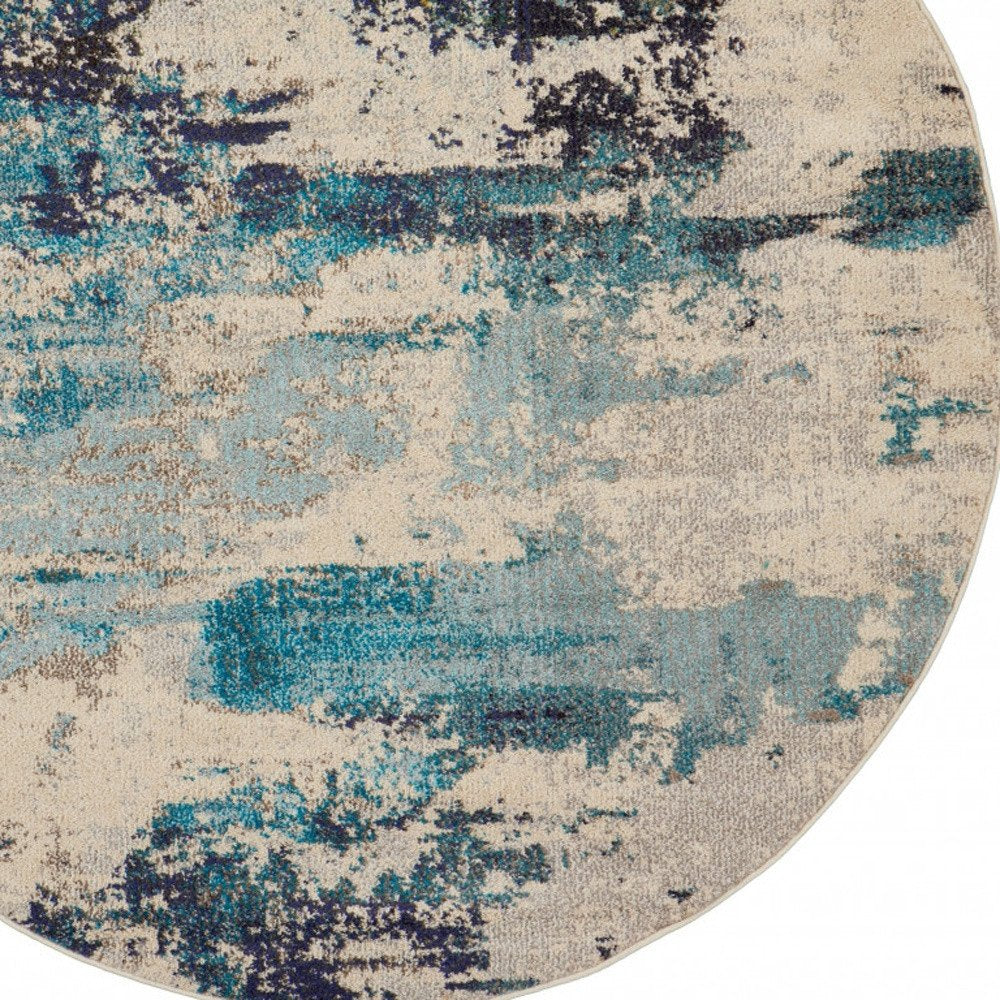 5' X 5' Ivory And Teal Blue Round Abstract Power Loom Non Skid Area Rug
