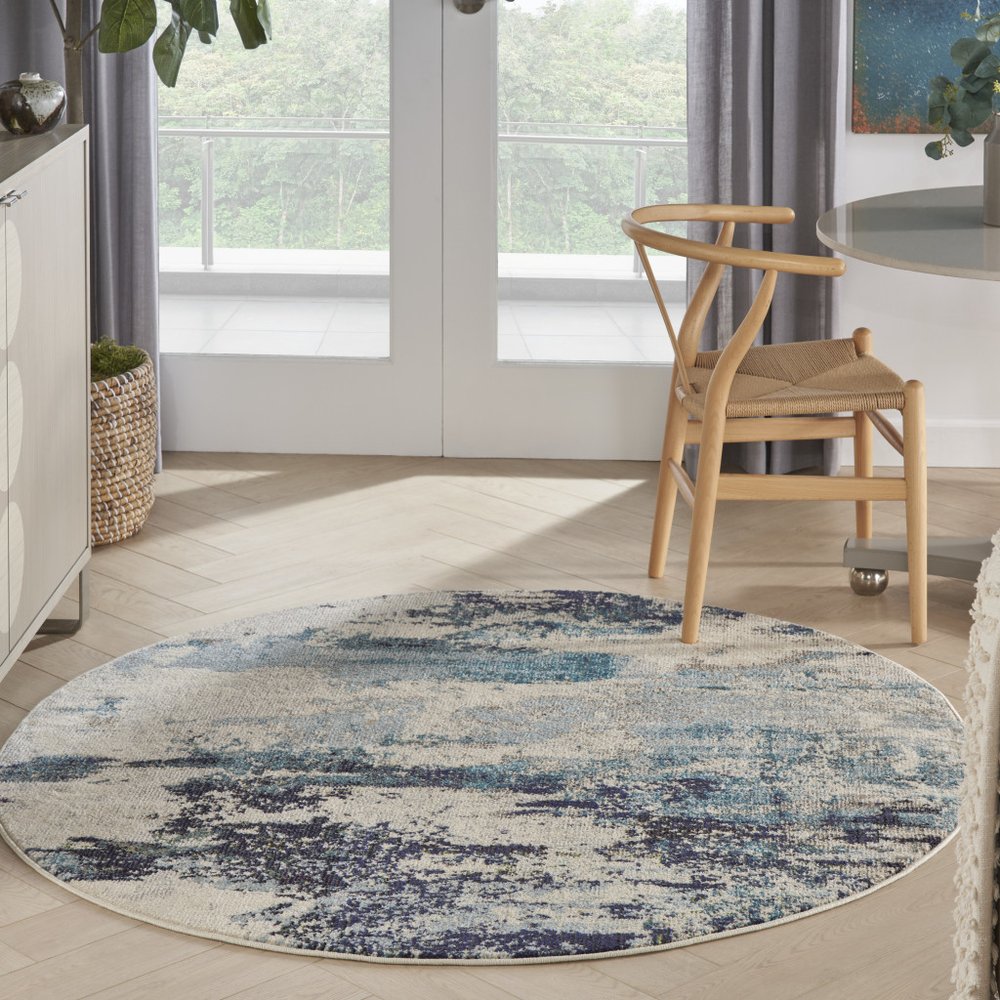 5' X 5' Ivory And Teal Blue Round Abstract Power Loom Non Skid Area Rug