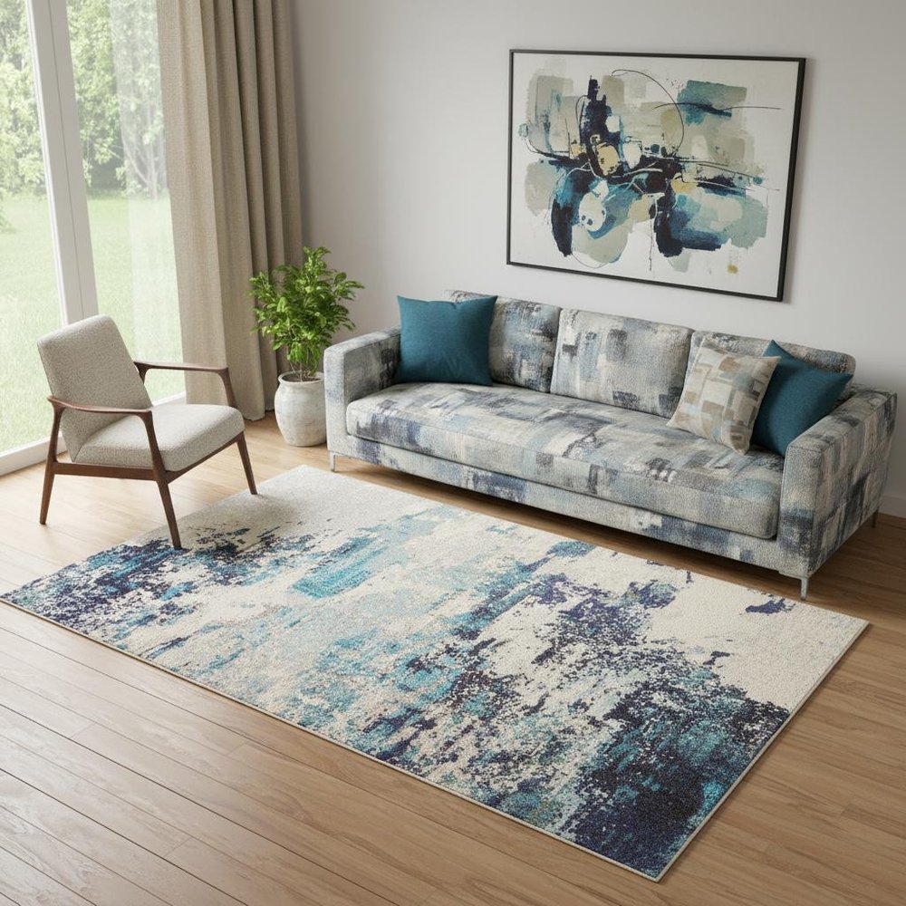 5' X 7' Ivory And Teal Blue Abstract Power Loom Non Skid Area Rug