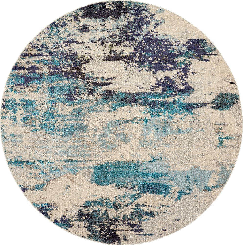 8' X 8' Ivory And Teal Blue Round Abstract Power Loom Non Skid Area Rug
