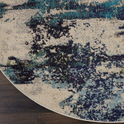 8' X 8' Ivory And Teal Blue Round Abstract Power Loom Non Skid Area Rug
