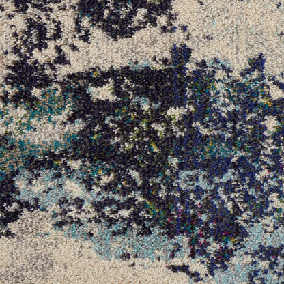 8' X 8' Ivory And Teal Blue Round Abstract Power Loom Non Skid Area Rug