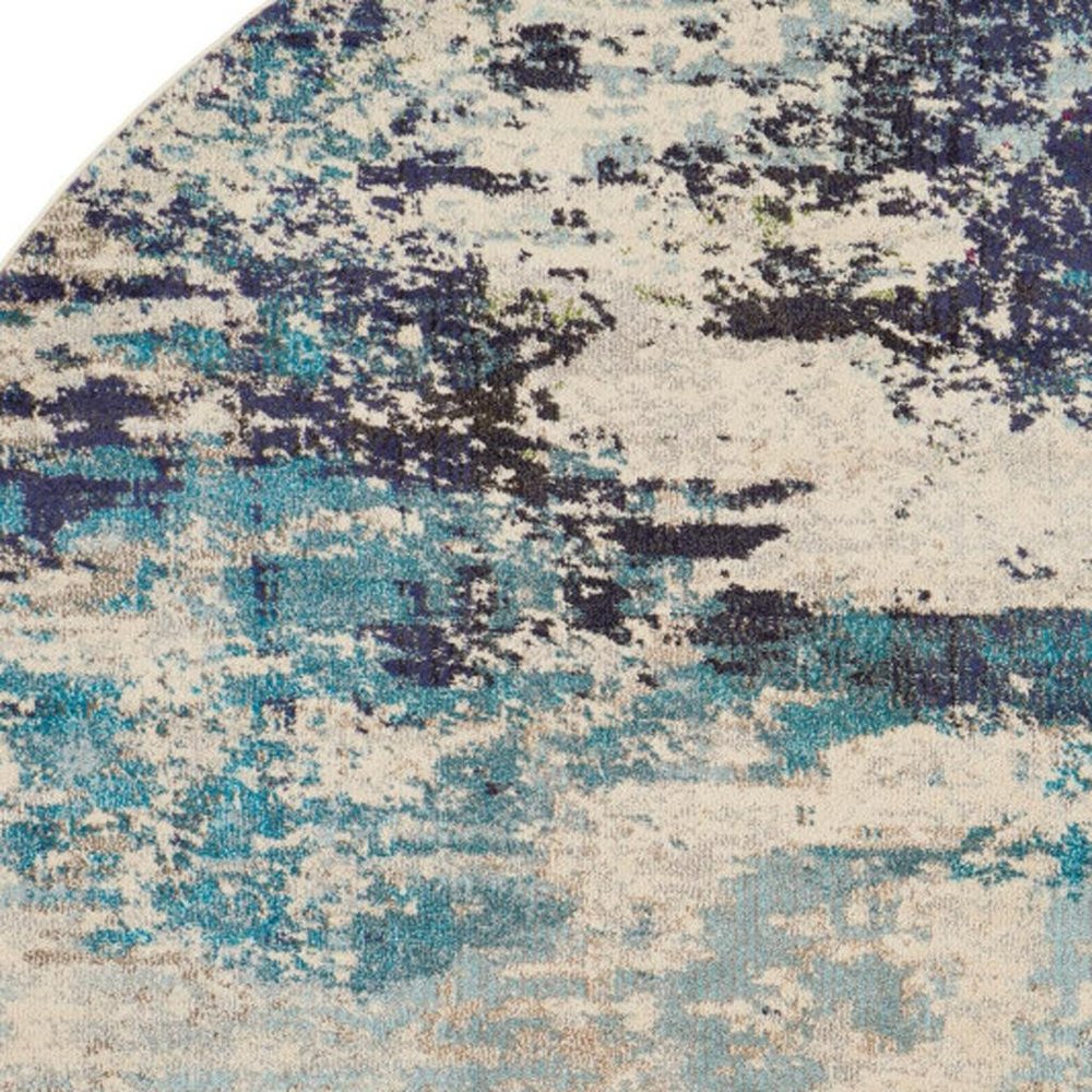 8' X 8' Ivory And Teal Blue Round Abstract Power Loom Non Skid Area Rug