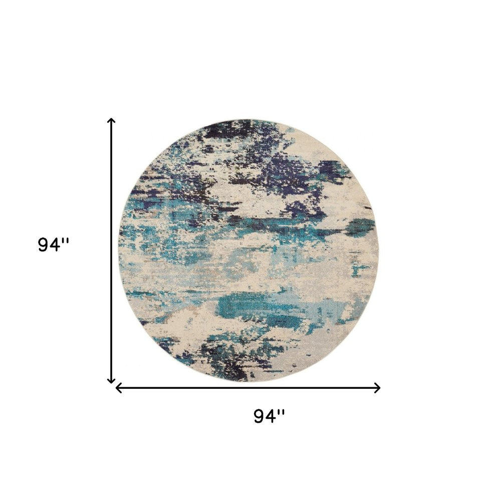 8' X 8' Ivory And Teal Blue Round Abstract Power Loom Non Skid Area Rug