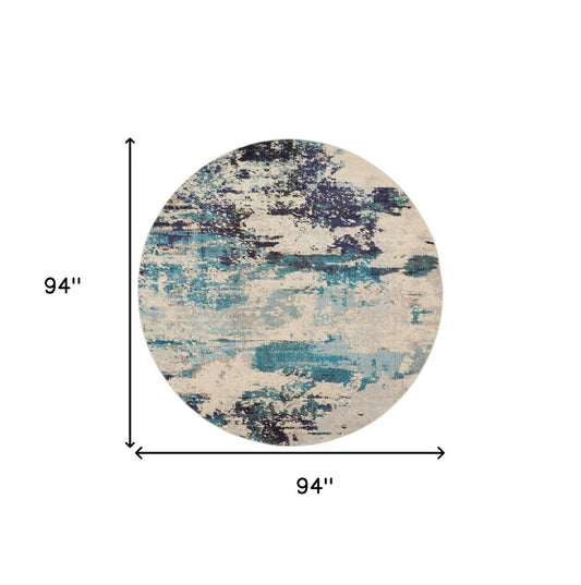 8' X 8' Ivory And Teal Blue Round Abstract Power Loom Non Skid Area Rug