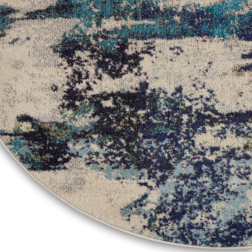8' X 8' Ivory And Teal Blue Round Abstract Power Loom Non Skid Area Rug