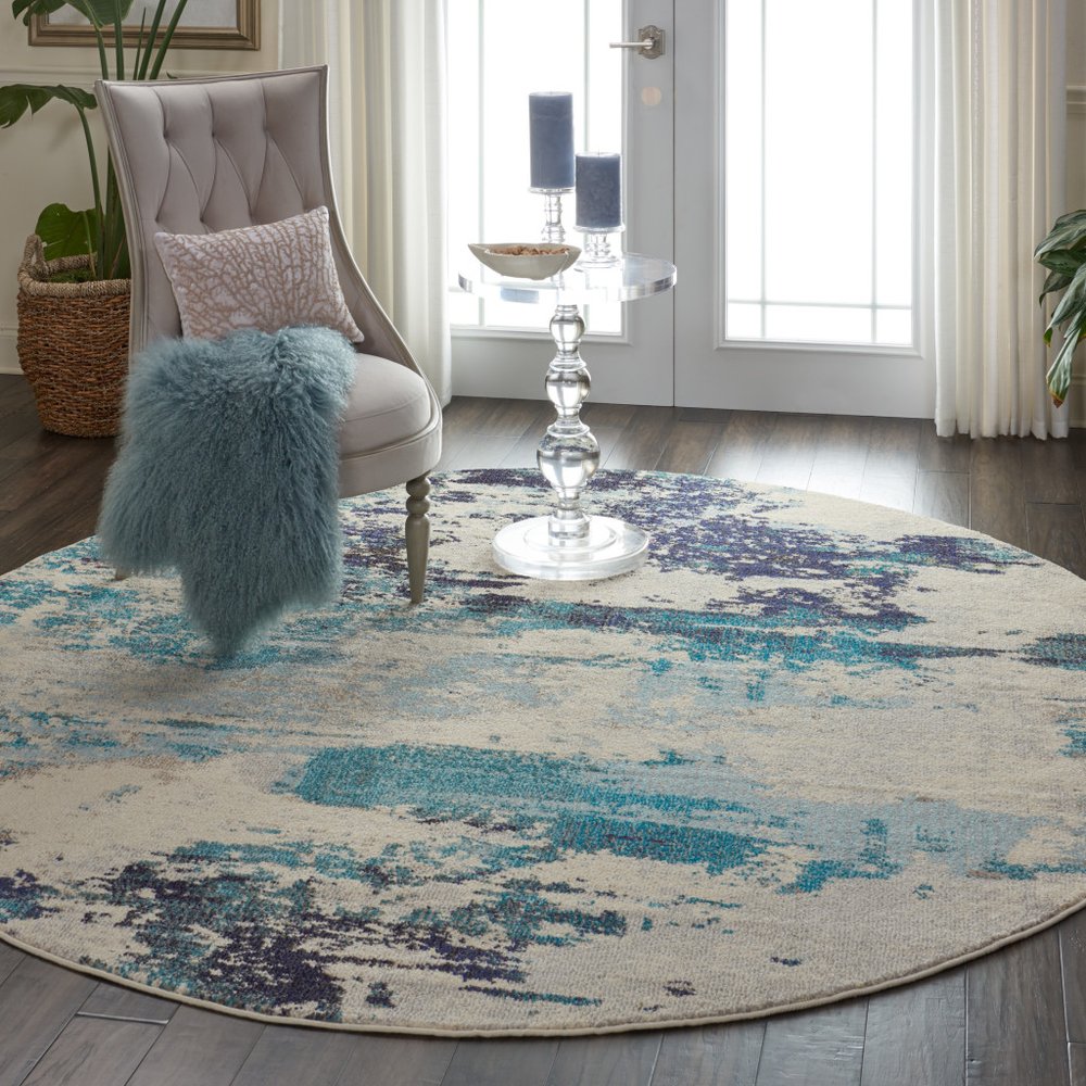 8' X 8' Ivory And Teal Blue Round Abstract Power Loom Non Skid Area Rug