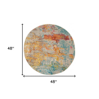 4' Blue And Ivory Abstract Round Rug