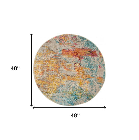 4' Blue And Ivory Abstract Round Rug