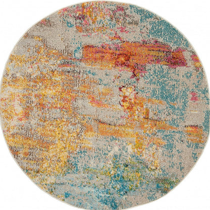 4' Blue And Ivory Abstract Round Rug