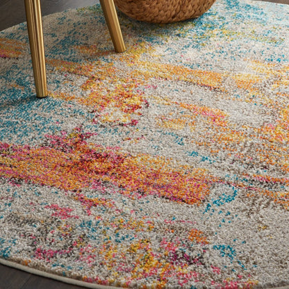 4' Blue And Ivory Abstract Round Rug