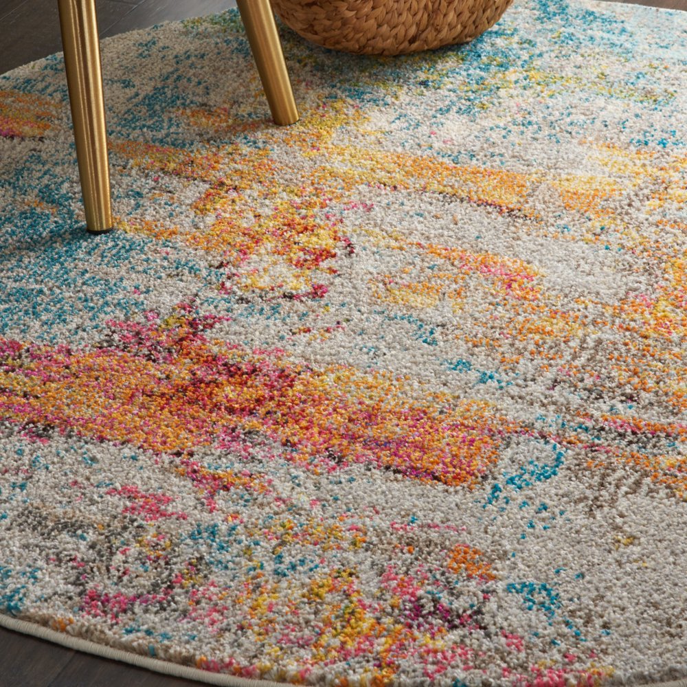 4' Blue And Ivory Abstract Round Rug