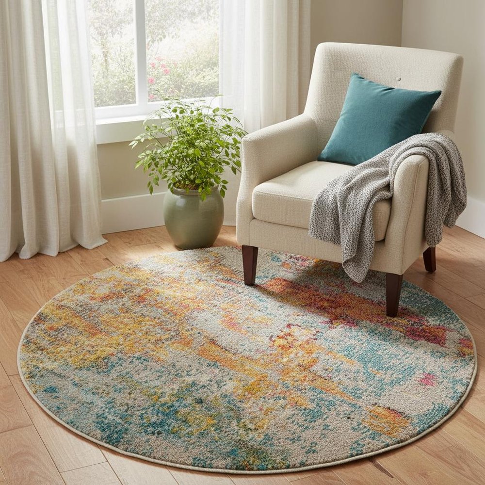 5' X 5' Sealife Round Abstract Power Loom Non Skid Area Rug