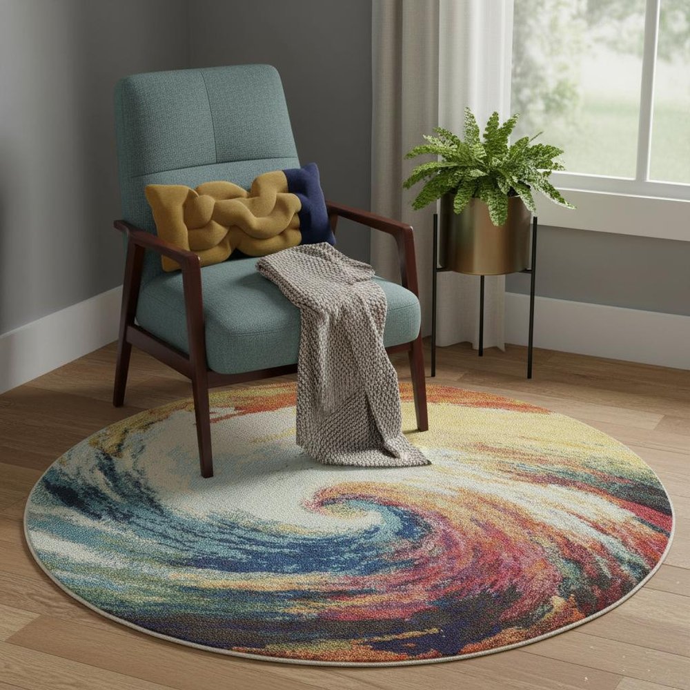 4' X 4' Wave Round Abstract Power Loom Non Skid Area Rug