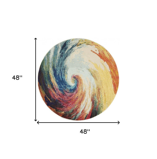 4' X 4' Wave Round Abstract Power Loom Non Skid Area Rug