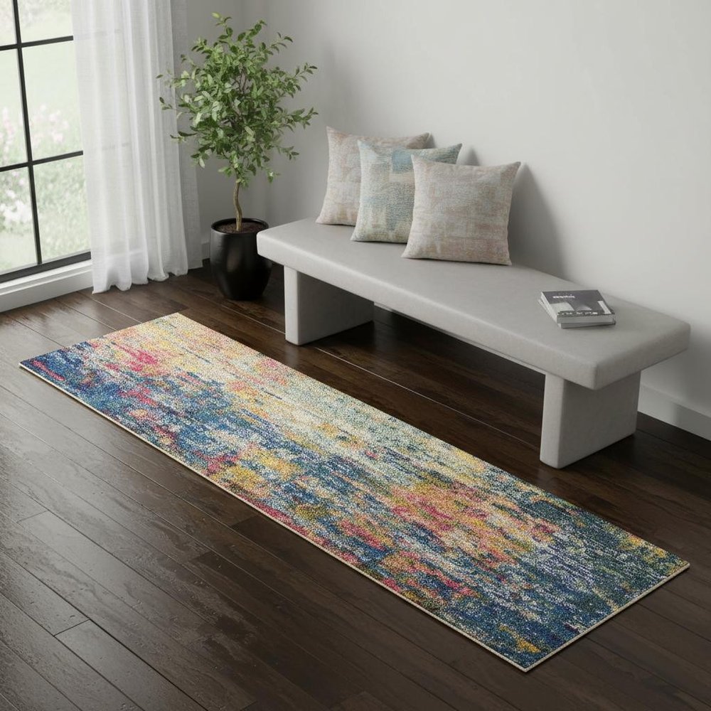2' X 6' Blue And Yellow Abstract Power Loom Non Skid Area Rug