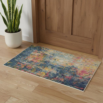 2' X 4' Blue And Yellow Abstract Power Loom Non Skid Area Rug