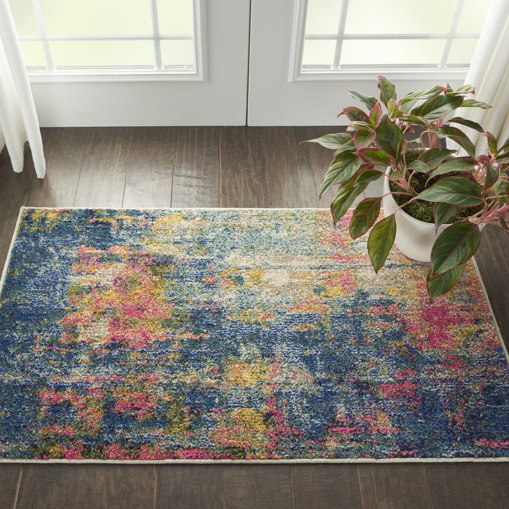 2' X 4' Blue And Yellow Abstract Power Loom Non Skid Area Rug