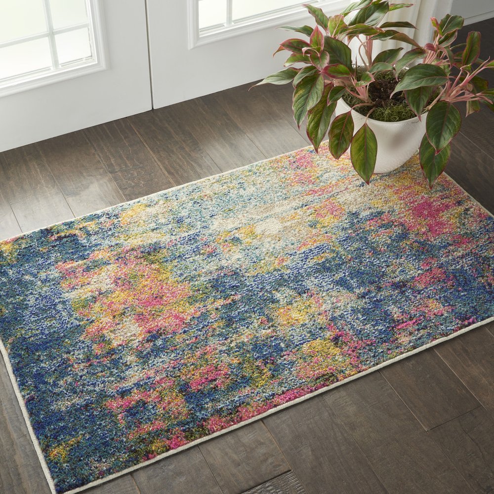 2' X 4' Blue And Yellow Abstract Power Loom Non Skid Area Rug