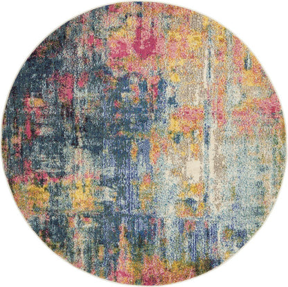 4' Blue And Yellow Abstract Round Rug